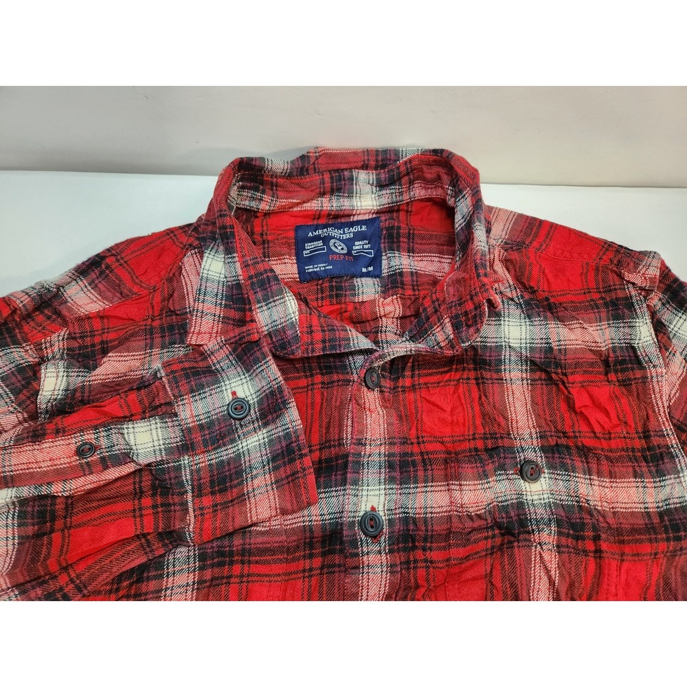 American Eagle Outfitters Mens Plaid Flannel Shirt Red Black White Prep Fit M